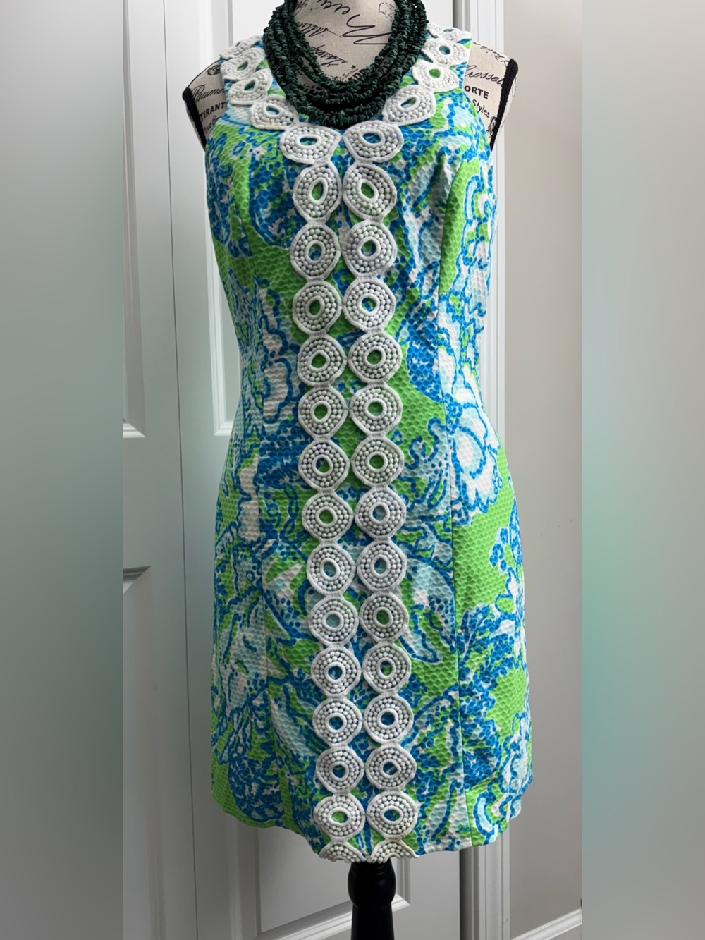 Lilly Pulitzer Blue and Green Beaded-Trim Midi Dress